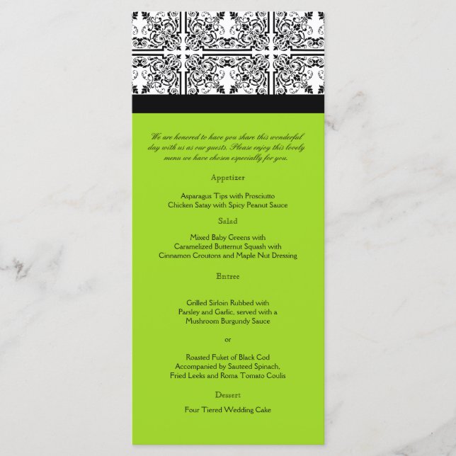 Damask Delight in Lime Green Wedding Menu (Front)