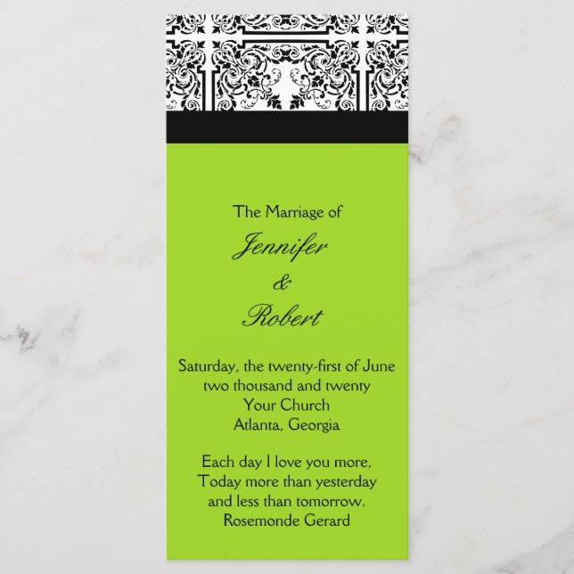 Damask Delight in Lime Green Wedding Program (Front)