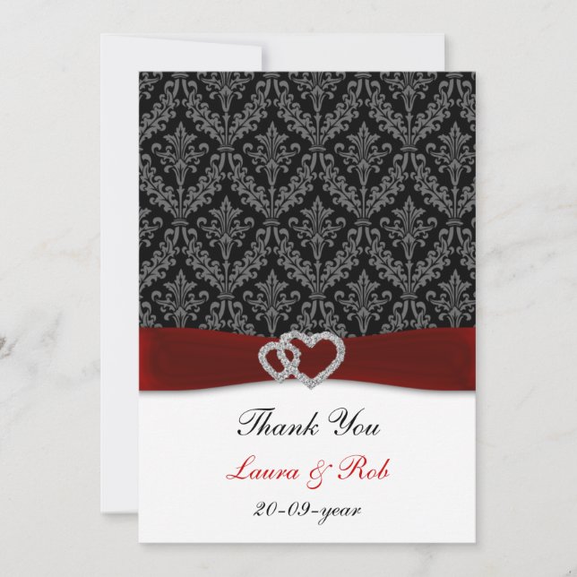 damask diamante red wedding thank you card (Front)