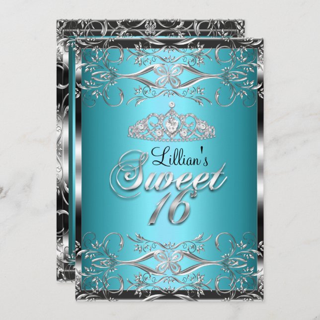 Damask & Diamond Tiara Blue Silver Sweet 16 Invite (Front/Back)