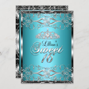 Damask & Diamond Tiara Blue Silver Sweet 16 Invite