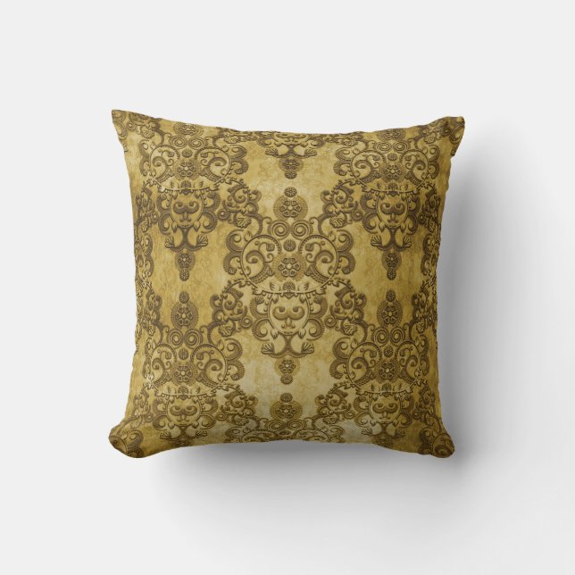 Damask Distressed Rustic Dark Yellow Gold Cushion (Front)