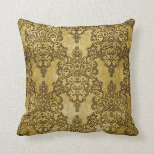 Damask Distressed Rustic Dark Yellow Gold Cushion