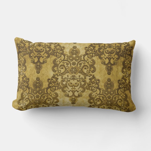 Damask Distressed Rustic Dark Yellow Gold Lumbar Cushion (Front)