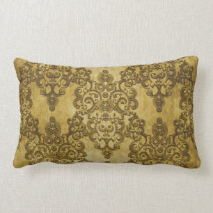 Damask Distressed Rustic Dark Yellow Gold Lumbar Cushion