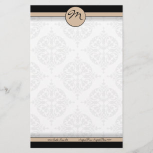 Damask Double Line Beige Monogram Stationery