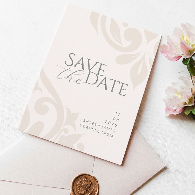 Damask Earthy Olive Photo Wedding Save the Date Announcement Postcard (Creator Uploaded)