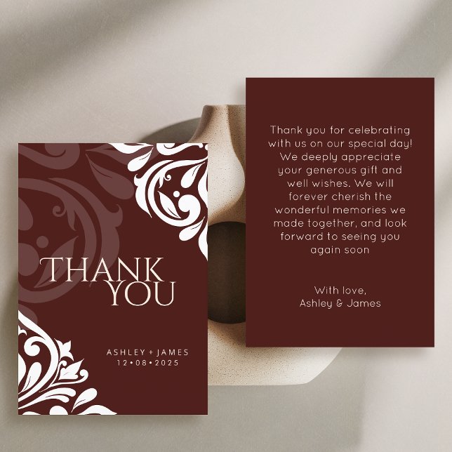 Damask Elegance Mahogany Wedding Thank You Card (Creator Uploaded)