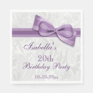 Damask & Faux Bow Girls 20th Birthday Napkin