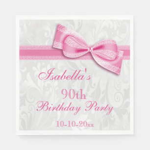 Damask & Faux Bow Girls 90th Birthday Napkin