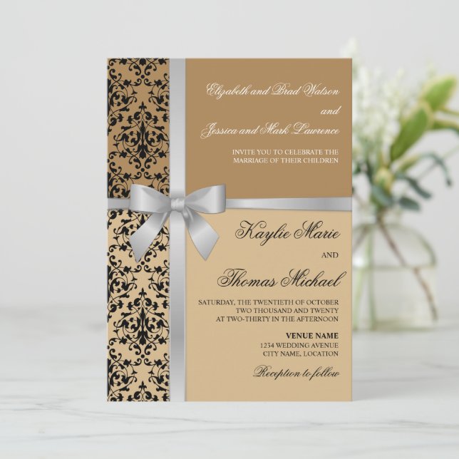 Damask Faux Silver Ribbon Autumn Wedding Invitation (Standing Front)