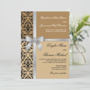Damask Faux Silver Ribbon Autumn Wedding Invitation