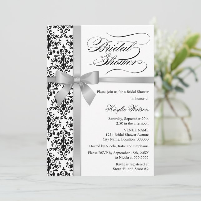 Damask Faux Silver Ribbon Bridal Shower Invitation (Standing Front)