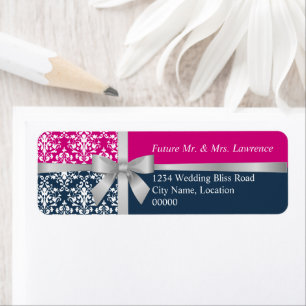 Damask Faux Silver Ribbon Navy Blue Fuchsia Label Return Address Label