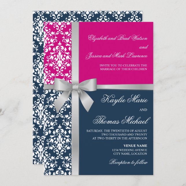 Damask Faux Silver Ribbon Navy Fuchsia Wedding Invitation (Front/Back)