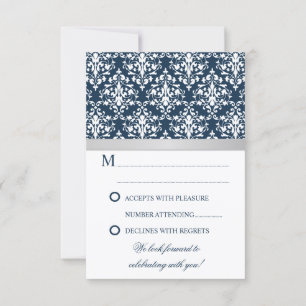 Damask Faux Silver Ribbon Navy Wedding RSVP Card