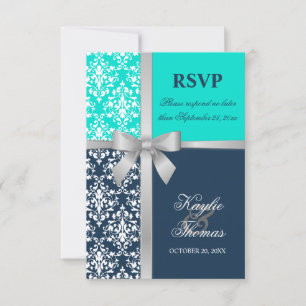 Damask Faux Silver Ribbon Navy Wedding RSVP Card