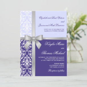 Damask Faux Silver Ribbon Purple Lilac Wedding Invitation
