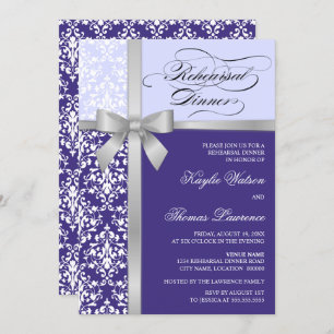 Damask Faux Silver Ribbon Purple Rehearsal Dinner Invitation