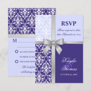 Damask Faux Silver Ribbon Purple Wedding RSVP Card