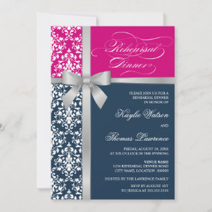 Damask Faux Silver Ribbon Rehearsal Dinner Invitation