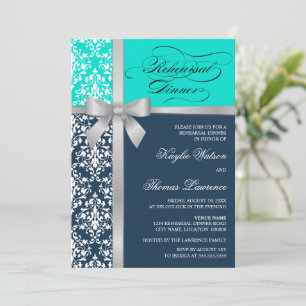 Damask Faux Silver Ribbon Rehearsal Dinner Invitation