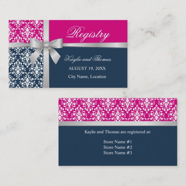 Damask Faux Sliver Ribbon Navy Blue Fuchsia Insert (Front/Back)
