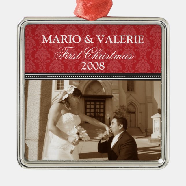 Damask First Christmas Wedding Ornament (red) (Front)