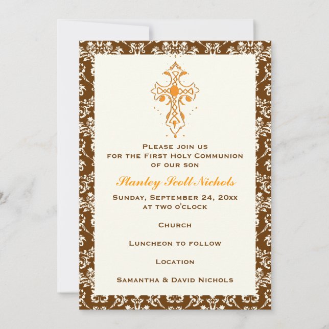 Damask First Holy Communion Baptism Confirmation Invitation (Front)