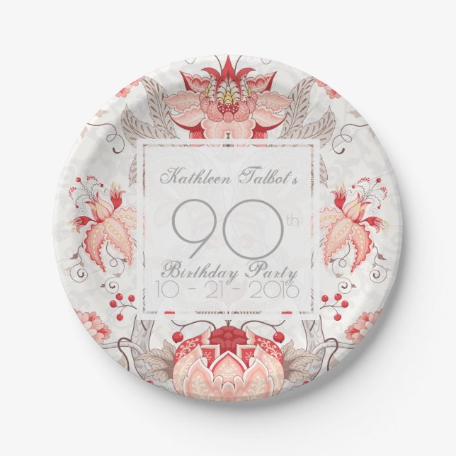 Damask Floral 90th Birthday Party Paper Plate (Front)