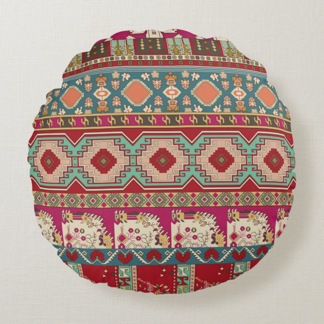 Damask, floral and geometric with colourful patchw round cushion (Front)