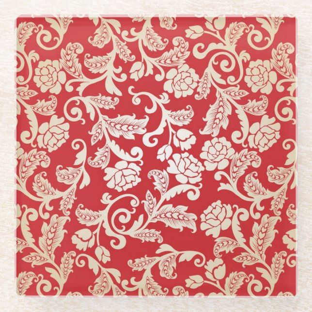 Damask floral background pattern glass coaster (Front)