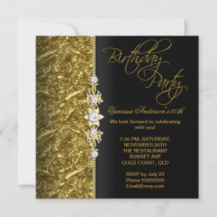 Damask Floral Birthday Party Gold Black 3 Invitation