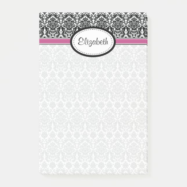 Damask Floral Black White Pink Personalised Name Post-it Notes (Front)