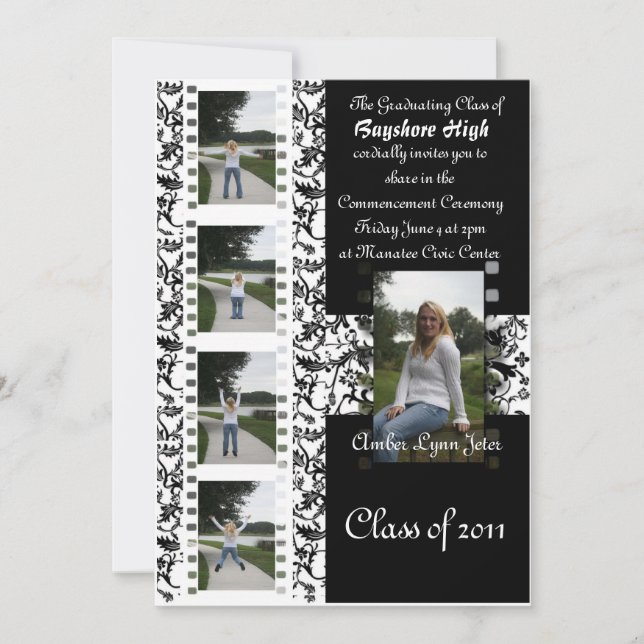 Damask floral film strip grad invite- for customiz invitation (Front)