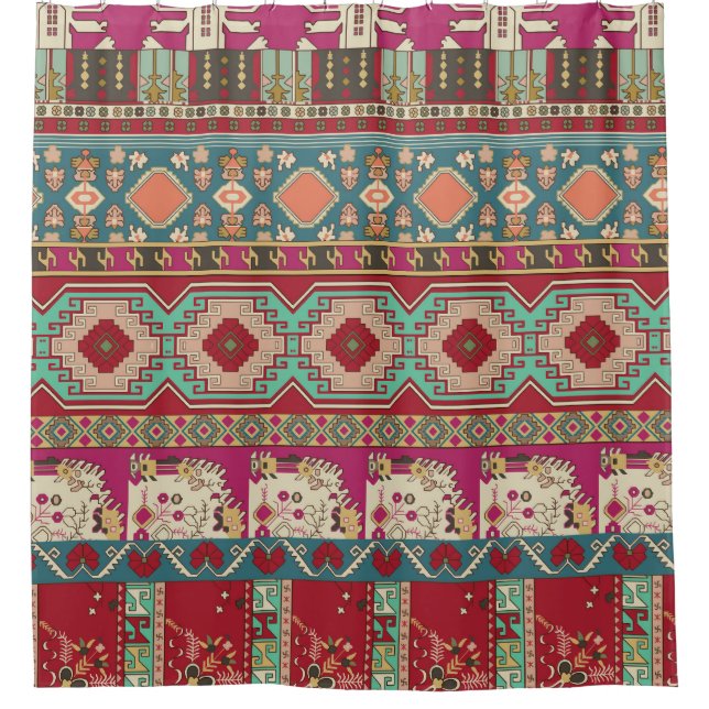 Damask Floral Geometric Colourful Patchwork Shower Curtain (Front)