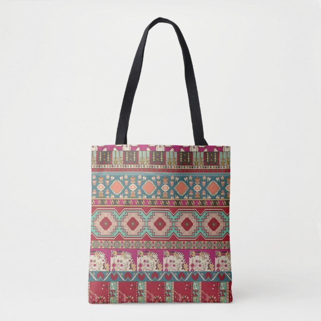 Damask Floral Geometric Colourful Patchwork Tote Bag (Front)