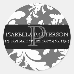 Damask Floral Monogram Circle Address Label