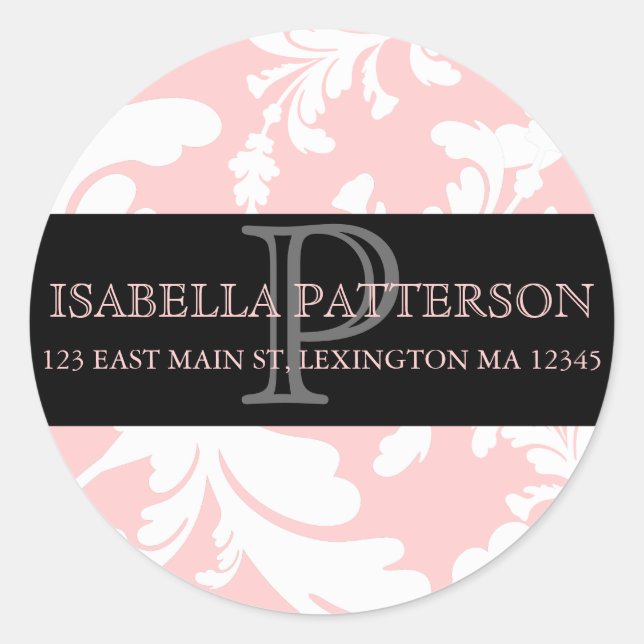 Damask Floral Monogram Circle Address Label (Front)