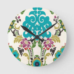 Damask Floral Patterns Plum Turquoise Round Clock