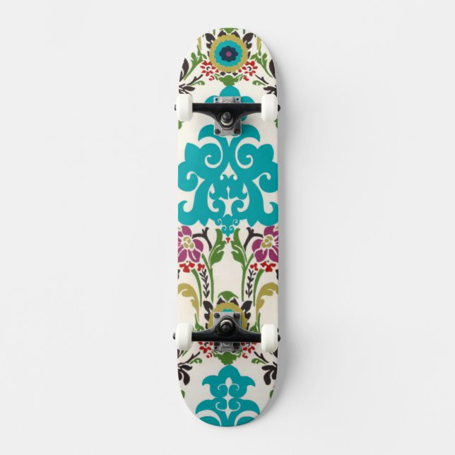 Damask Floral Patterns Plum Turquoise Skateboard (Front)