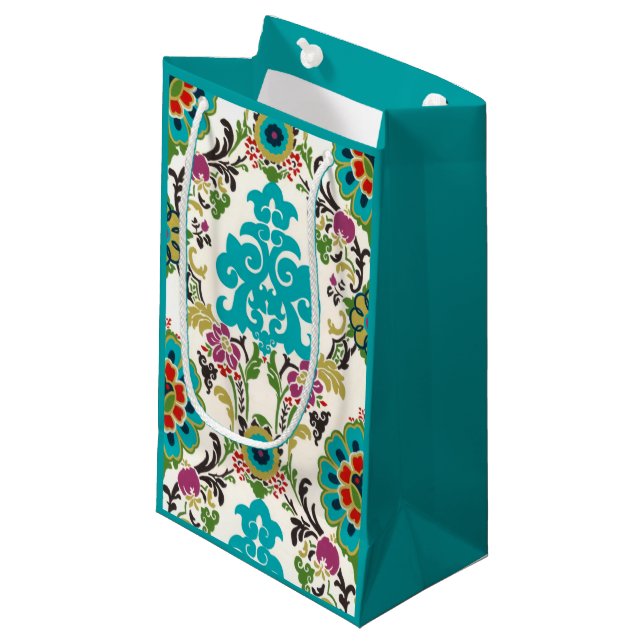 Damask Floral Patterns Plum Turquoise Small Gift Bag (Front Angled)