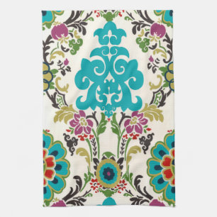 Damask Floral Patterns Plum Turquoise Tea Towel