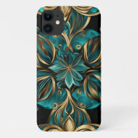 Damask Flower Gold Emerald Black
