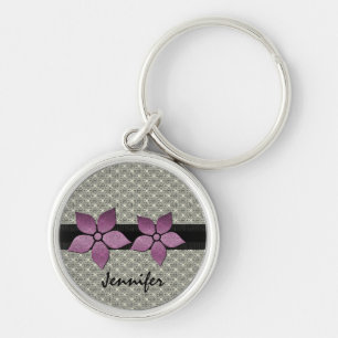 Damask Flowers Striped Border Keychain