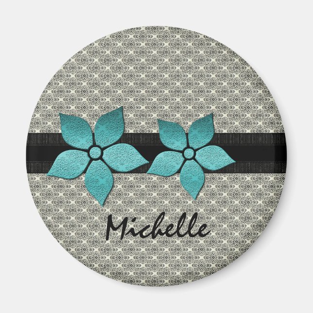 Damask Flowers Striped Border Magnet (Front)