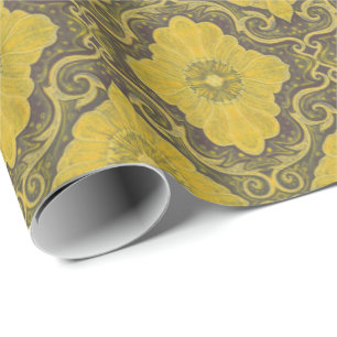 Damask Flowers Vintage Bohemian Pattern Old Gold Wrapping Paper