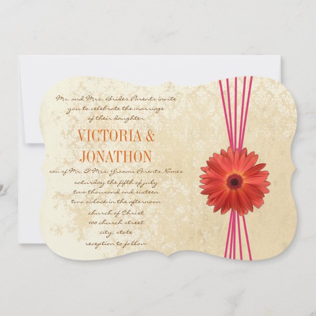 Damask Fuchsia Gerber Daisy Wedding Invitation (Front)