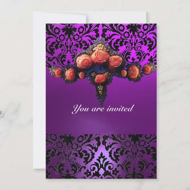 DAMASK GEM AND PINK ROSES MONOGRAM INVITATION (Front)