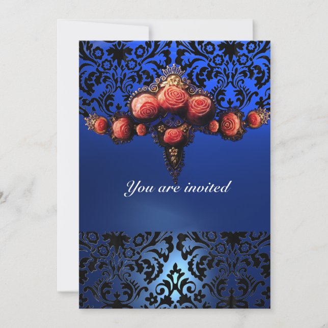 DAMASK GEM AND PINK ROSES MONOGRAM INVITATION (Front)